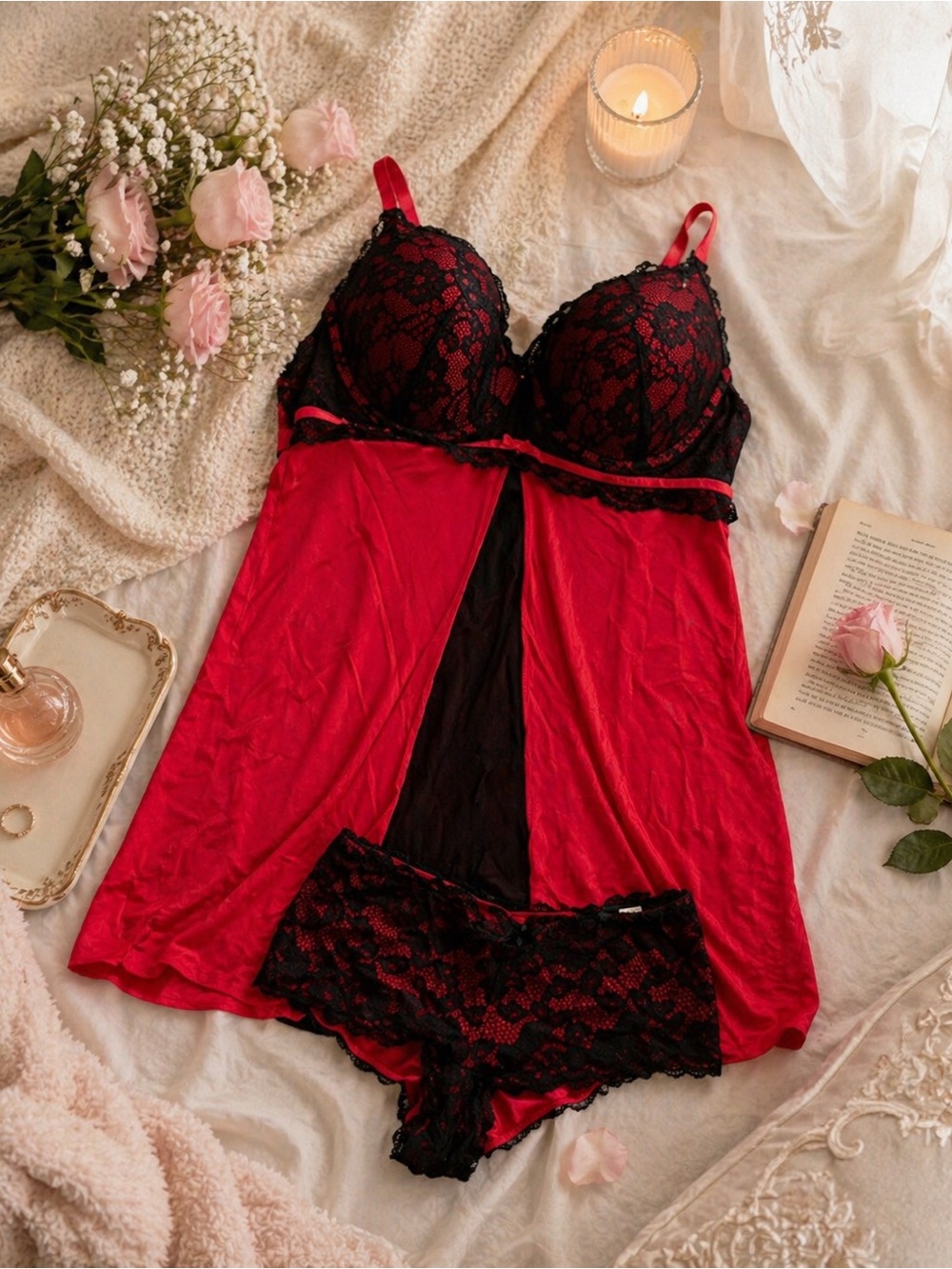 La Vie En Rose Red and Black Chemise Set